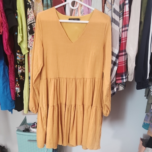 Fancyinn Dresses & Skirts - Yellow V-Neck Tiered Dress